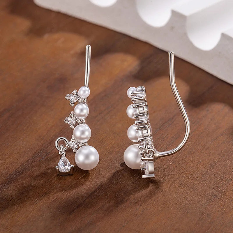 Stud Earrings Charm Jewelry - Linked Pearl, Clear CZ Elegant - TSJ80