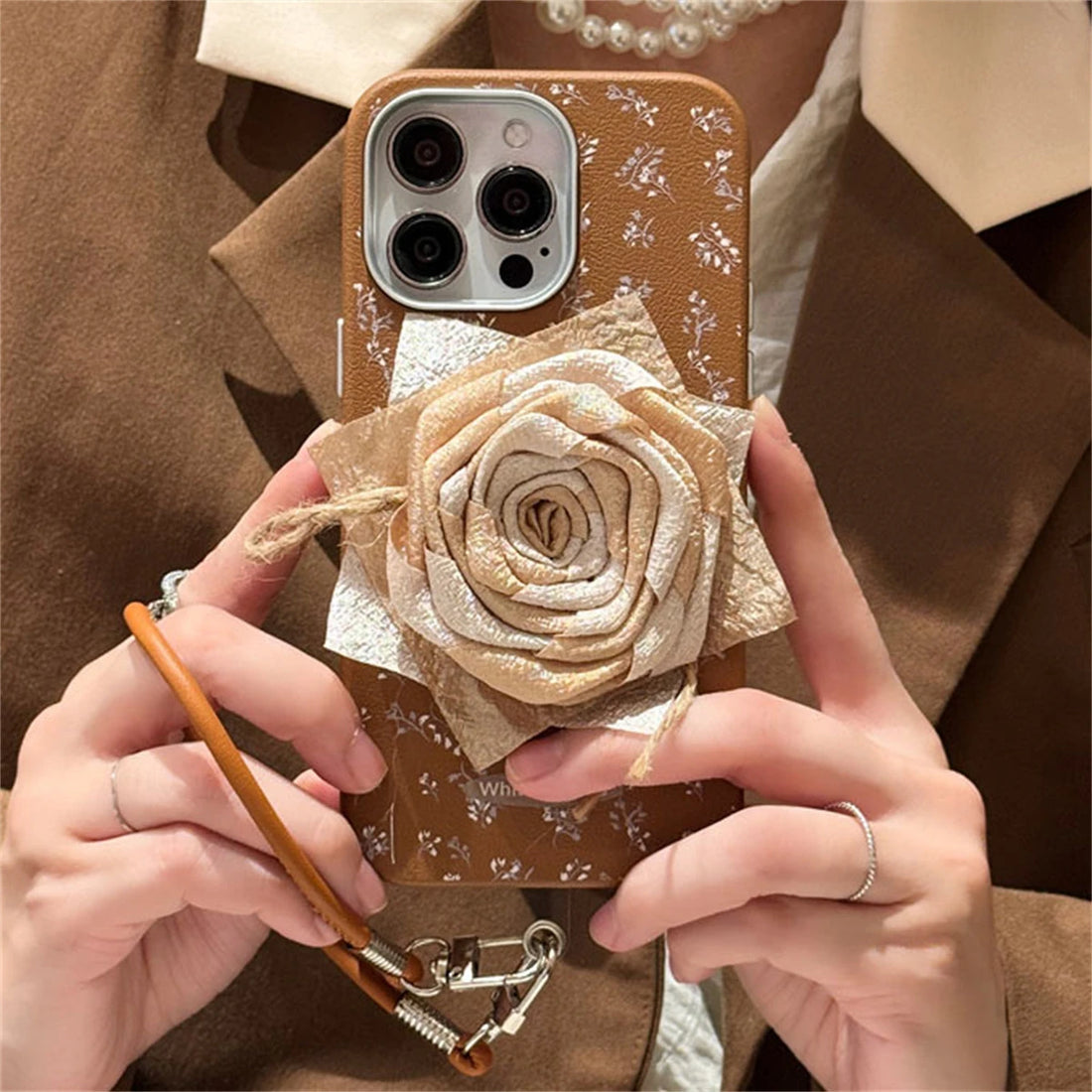 Cute Phone Cases for iPhone 13, 14, 15, or 16 Pro Max with Wristband - Vintage 3D Rose Pattern - TSP438