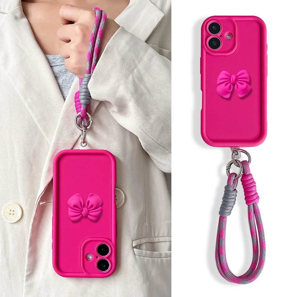 Cute Phone Cases For iPhone 16, 15, 14, 13, 12, 11 Pro MAX, XS Max, XR, 7, 8 Plus - Bowknot Lanyard - Soft Cover - PC1330