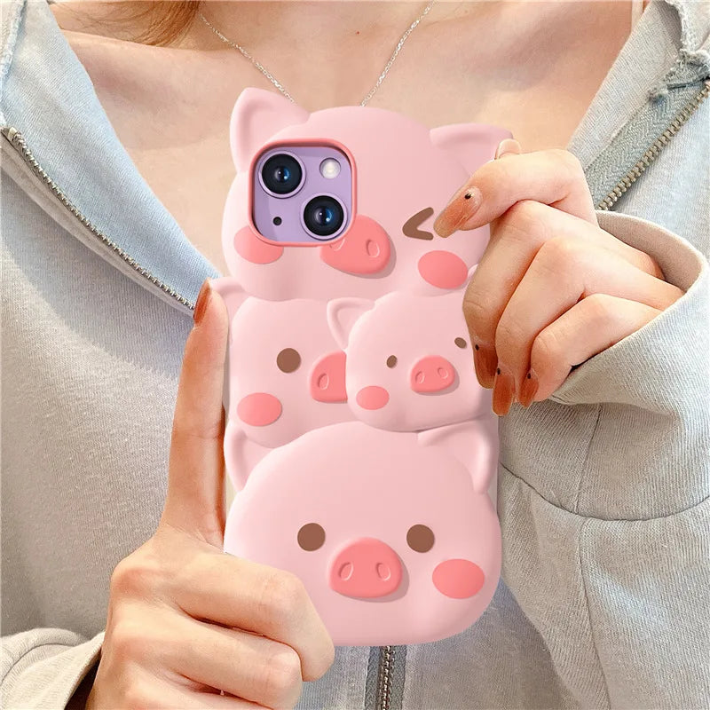 Cute Phone Cases for iPhone 14, 13, 12, and 11 Pro Max models - 3D Funny Pigs - Soft Silicone Cover - TSP251