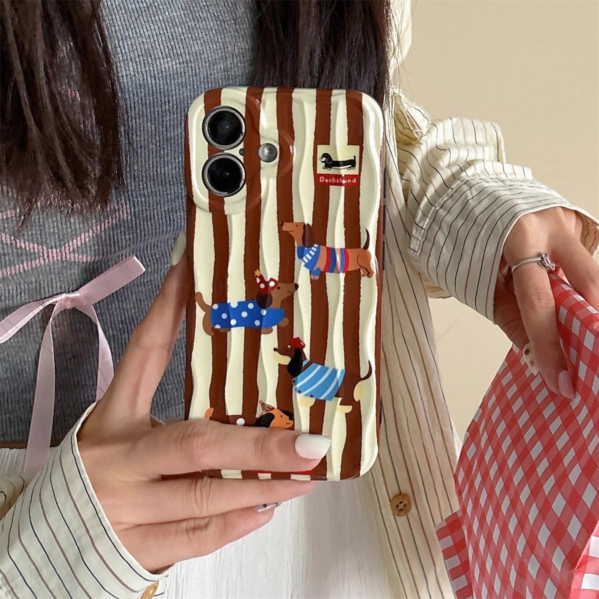 Cute Phone Cases For iPhone 16, 15, 14, 13, 12 Pro Max - Cartoon Dachshund Dog - Stripes 3D Wavy Soft Cover - PC5520