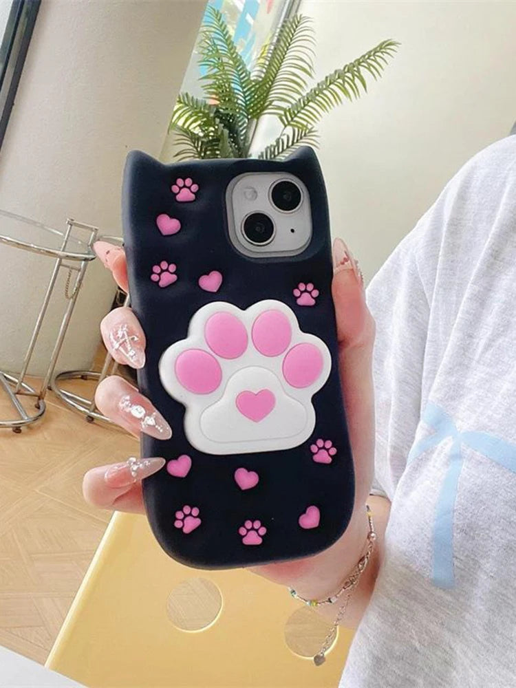 Cute Phone Cases: 3D Cat Paw Silicone Case with Stand for iPhone 15/14/13/12 Pro Max - TSP310