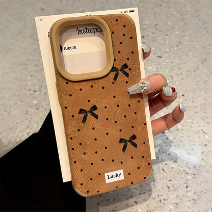 Cute Phone Cases For iPhone 16 15 14 Pro Max XS X XR 11 12 13 15 16 Plus - Simple Hearts Dots Bow Pattern - Leather Cover