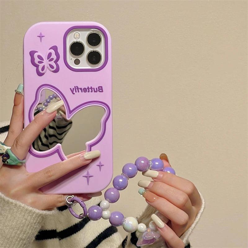 Cute Phone Cases For iPhone 11, 12, 13, 14, or 15 Pro Max - Purple Butterfly Makeup Mirror - Soft Cover - TSP254