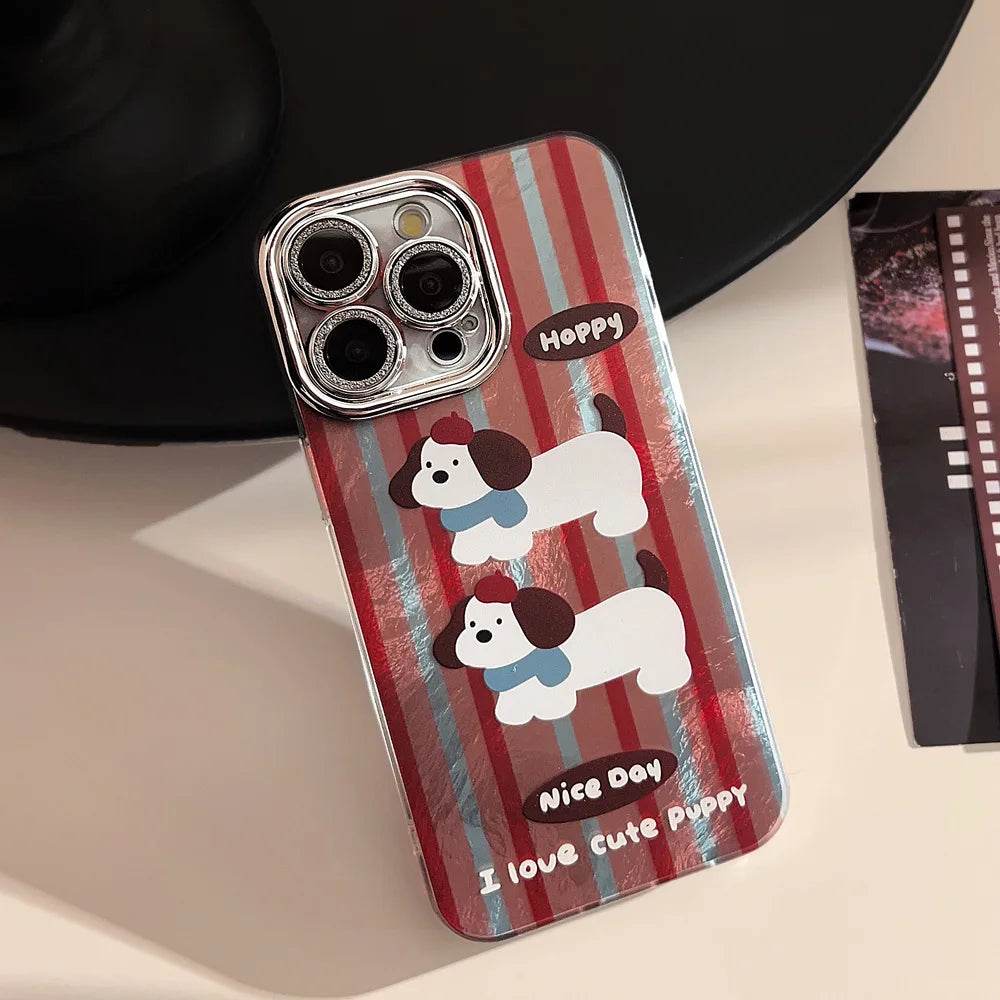 Cute Phone Cases For iPhone 16, 15, 14, 13, 12, 11 Pro Max, 16 Plus - Cartoon Puppy - Stripes Art - Bell Plush Ball Pendant - CC1240 - Touchy Style