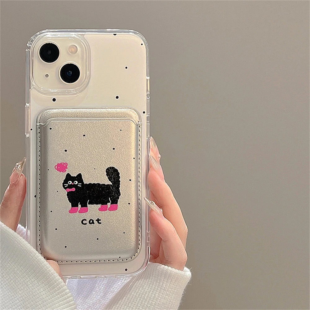 Cute Phone Cases For iPhone 13, 15, 14, 12, 11 Pro Max, 14, 15 Plus - Korean Cartoon Cat - Card Slot - PC6320 - Touchy Style