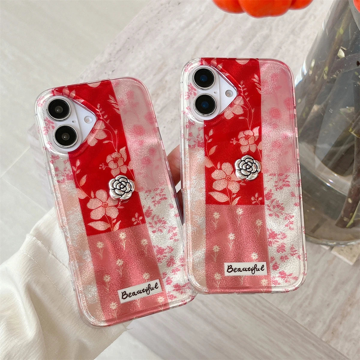 Cute Phone Cases for iPhone 16, 15, 14, and 13 Pro Max - 3D Rose, Splicing Lattice Cover - TSP442