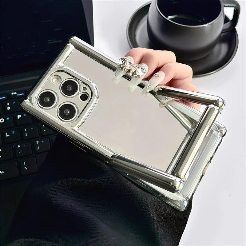 Cute Phone Cases for iPhone 15, 14, 13, 12, and 11 Pro Max - Plating Silver Mirror - Invisible Stand Holder - TSP261