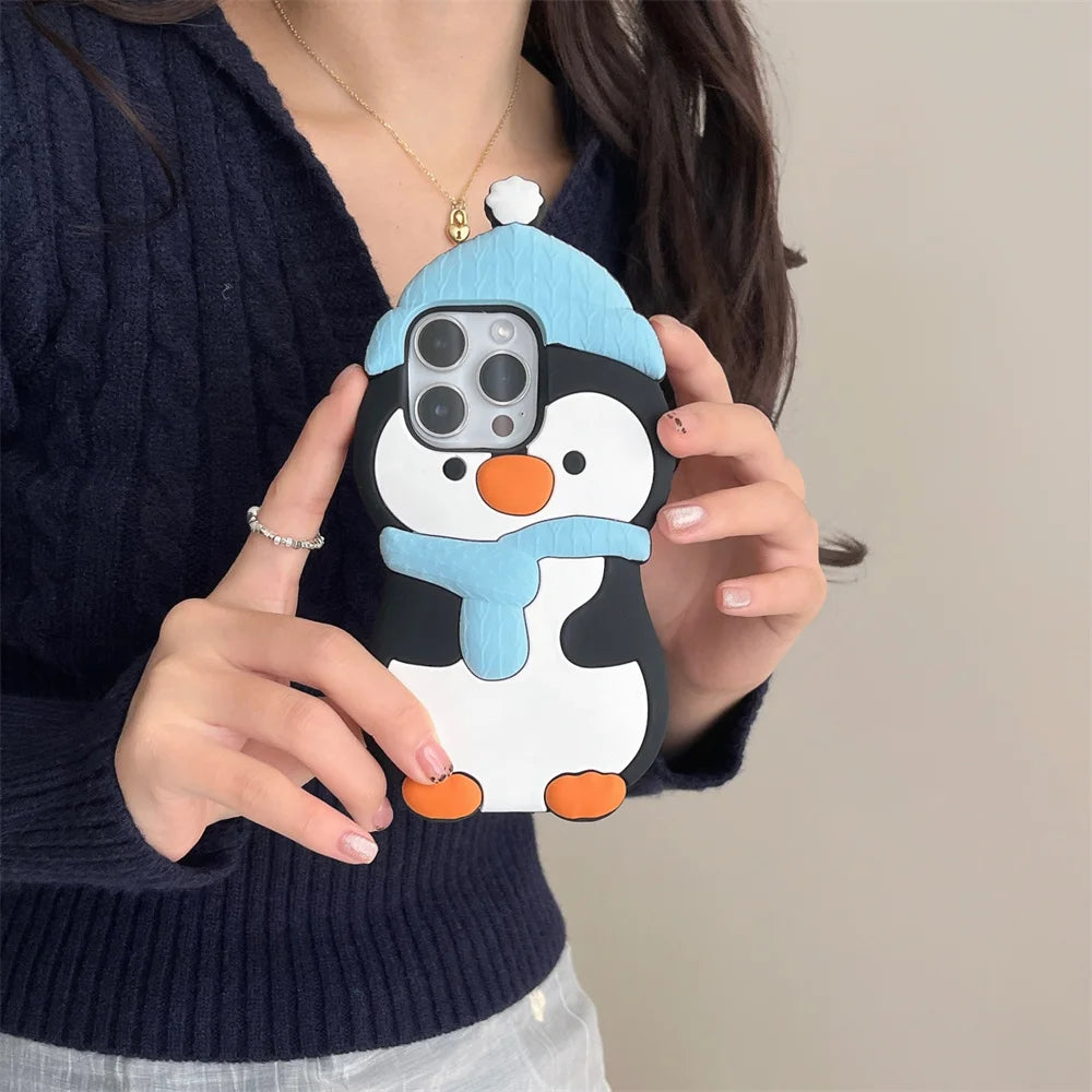 Cute Phone Cases For iPhone 16, 15, 14, 13, 11, 12 Pro Max - Funny 3d Plush Penguin and Puppy Silicone Cover - IC1021