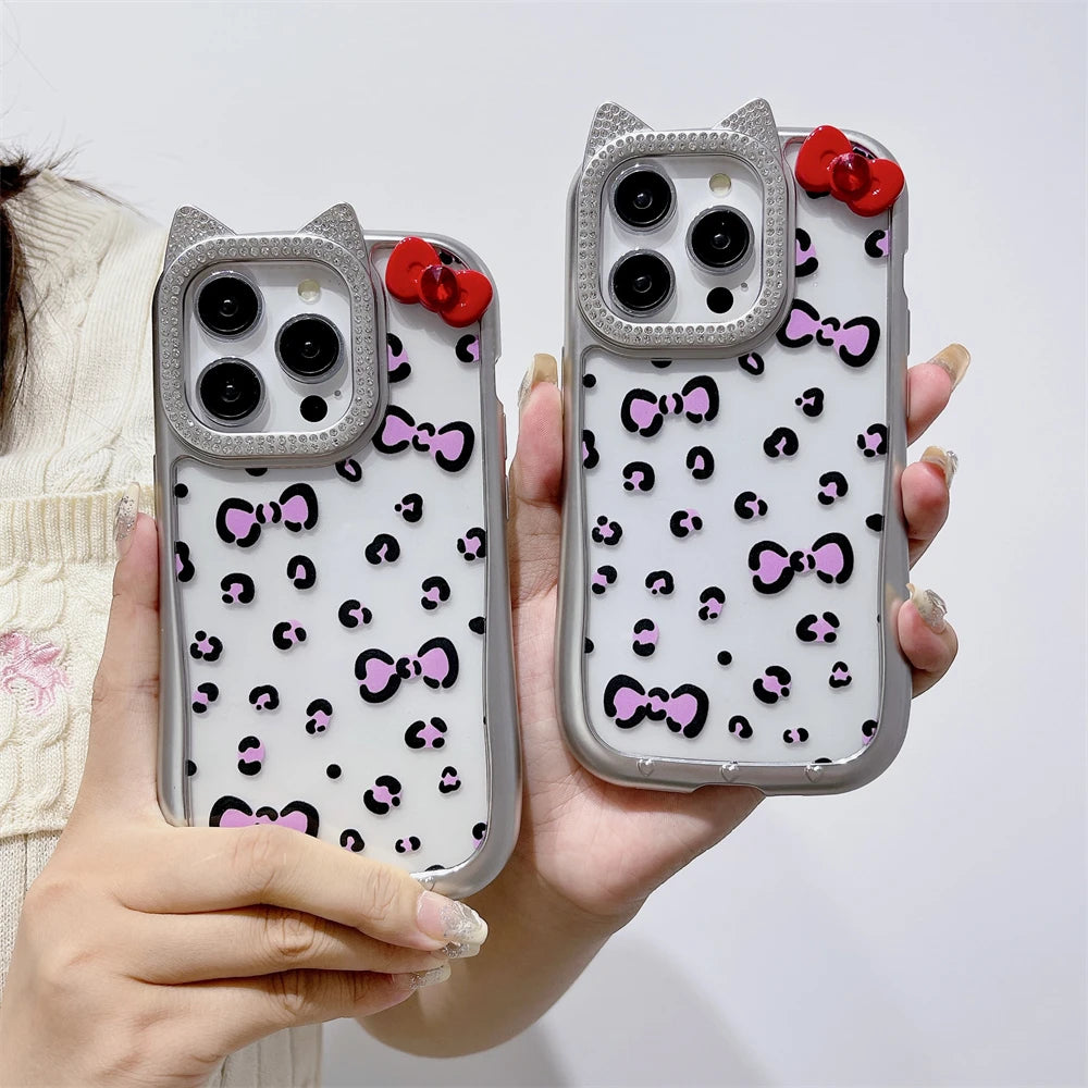 Cute Phone Cases: Leopard Bowknot Cat Ear Silver Case for iPhone 15/14/13/12 Pro Max - TSP313