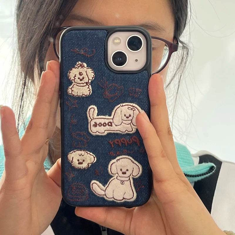 Cute Phone Cases For iPhone 16 Pro Max, 15, 13, 14, 12, 11 - Cartoon Embroidered Dog - Fabric Back Cover - PC9410 - Touchy Style