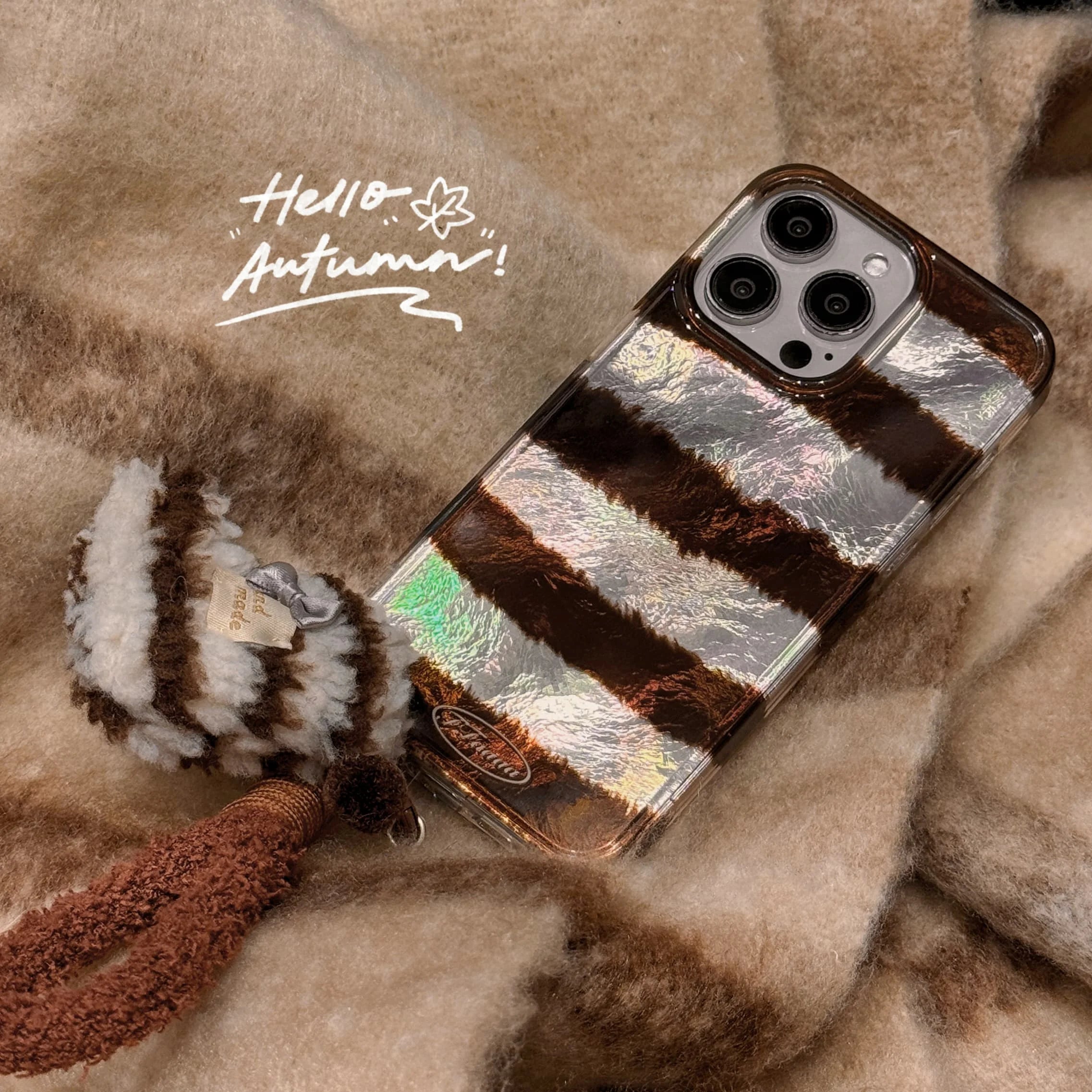 Cute Phone Cases For iPhone 16, 15, 14, 13 Pro Max - Creative Laser Brown Stripes with Fluffy Socks Wrist Band - PC6130