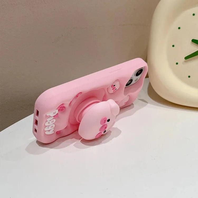 Cute Phone Cases for iPhone 15 Pro Max, 14, 13, 12, and 11 - Funny Pig Piggy, Telescopic Bracket - TSP284