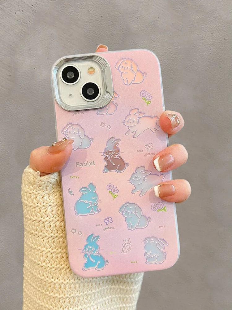 Cute Phone Cases For iPhone 11, 12, 13, 14, and 15 Pro Max - Hollowed Out Rabbit - Pink Laser Cover - TSP269