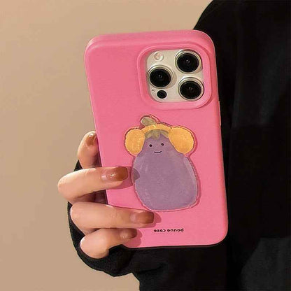 Cute Phone Cases For iPhone 16, 15, 13, 14, 12 Pro Max, 16 Plus - 3D Eggplant with Happy Smile - PC5210 - Touchy Style