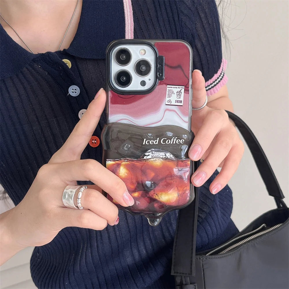 Cute Phone Cases for iPhone 15, 14, 13, 12 Pro Max - 3D Melting Double Layer 2-in-1 Iced Coffee - TSP335