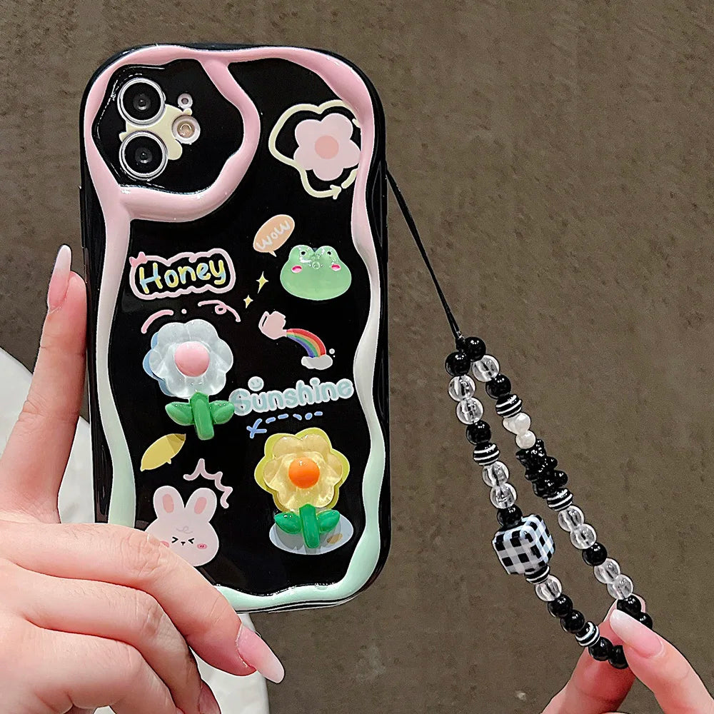 TSP181-B Cute Phone Cases For iPhone 15, 14, 13 Pro Max - With Cartoon Bracelet Chain, Transparent Cover