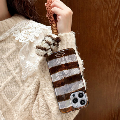 Cute Phone Cases For iPhone 16, 15, 14, 13 Pro Max - Creative Laser Brown Stripes with Fluffy Socks Wrist Band - PC6130