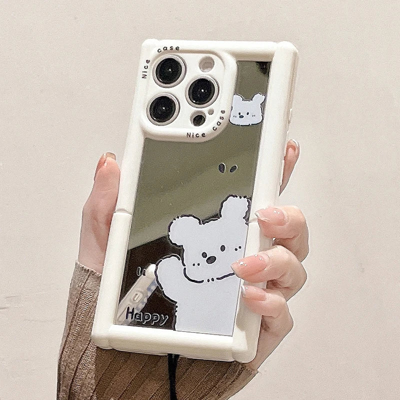 Cute Phone Cases - White Puppy Dog Makeup Mirror with Kickstand for iPhone 11-15 Pro Max - TSP297