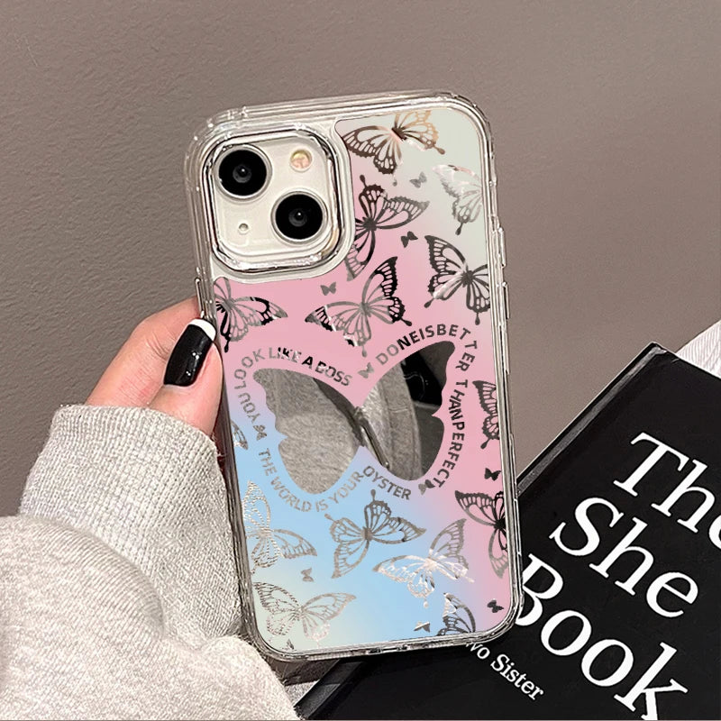 Cute Phone Cases: Lovely Butterfly Silver Mirror Back Cover with Cat Ears for iPhone 11-15 Pro Max - TSP288