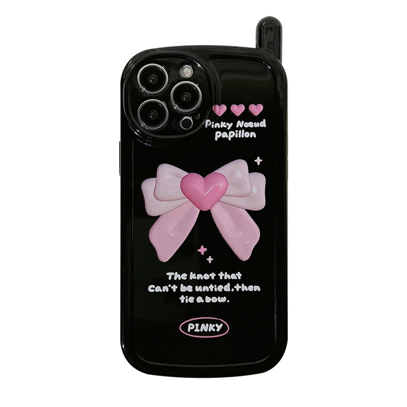 Cute Phone Cases for iPhone 14, 13, 12, 11 Pro Max, or 14 Plus - Black Cover with Pink Bow - TSP448