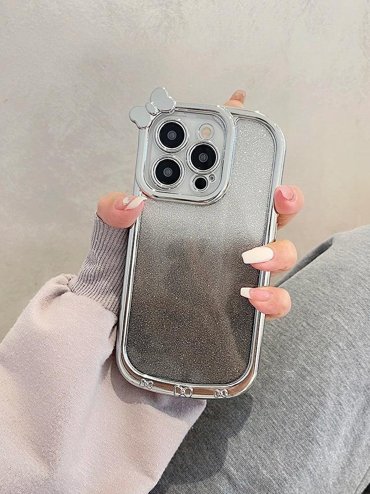 Cute Phone Cases For iPhone 11, 12, 13, 14, or 15 Pro Max - Plating Silver Bowknot - Transparent Cover - TSP257