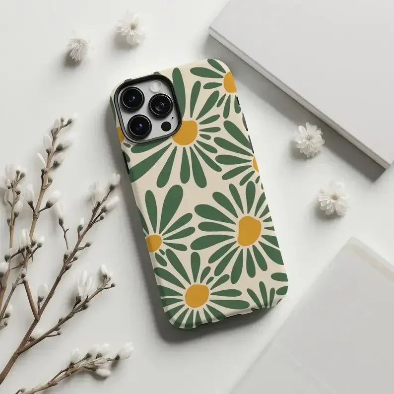 Cute Phone Cases For iPhone 16ProMax, 15, 14, 13, 12, 11 PRO, 11 Plus - Green Retro Daisy Floral - Acrylic TPU Cover - Touchy Style