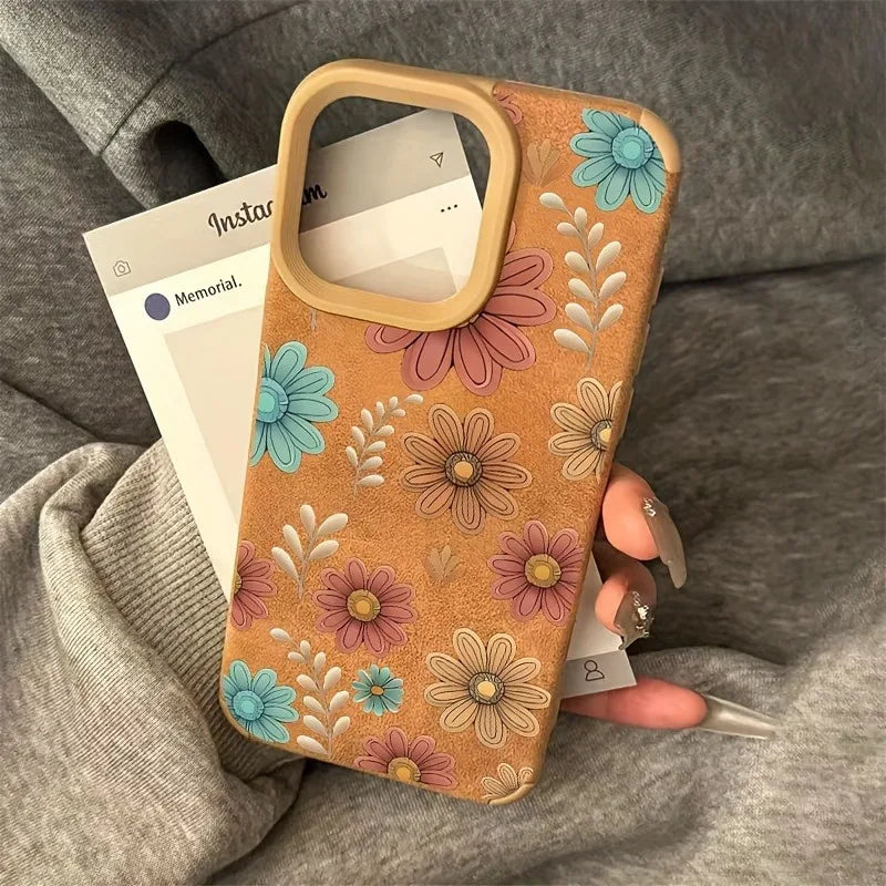 Cute Phone Cases For iPhone 16 15 14 13 12 11 Pro XS Max XR X 15 Plus 16 Pro Max - Line Flower Sunflower Pattern - Leather Matte Cover