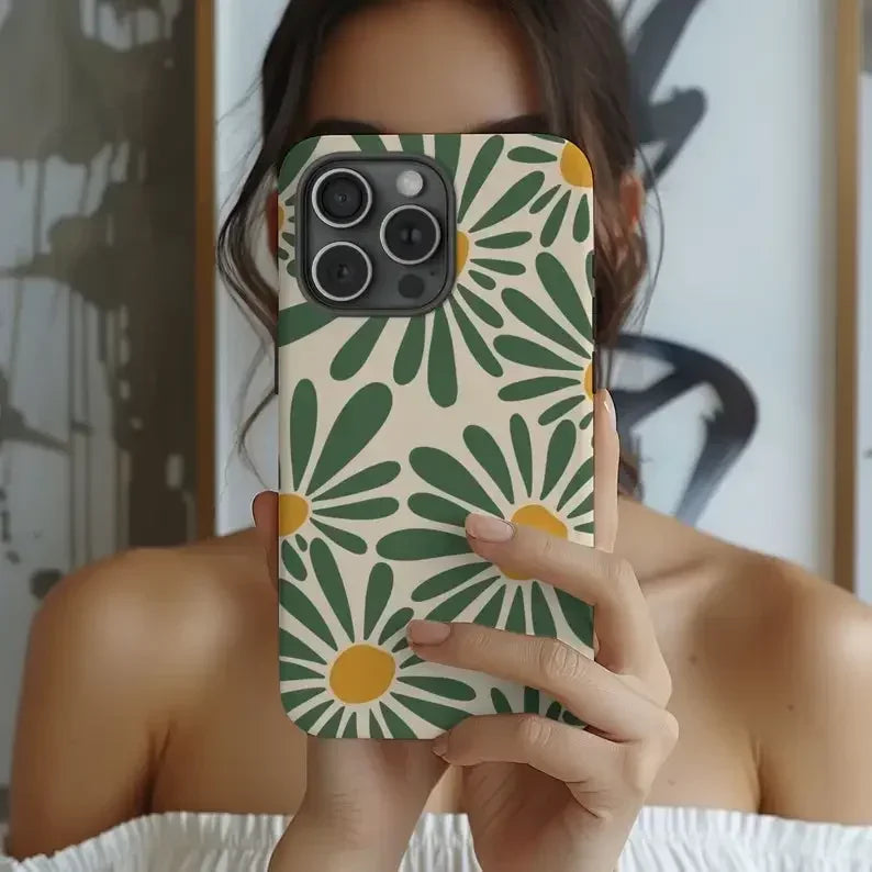 Cute Phone Cases For iPhone16ProMax 15 14 13 12 11 PRO Plus - Green Retro Daisy Floral - Acrylic TPU Cover