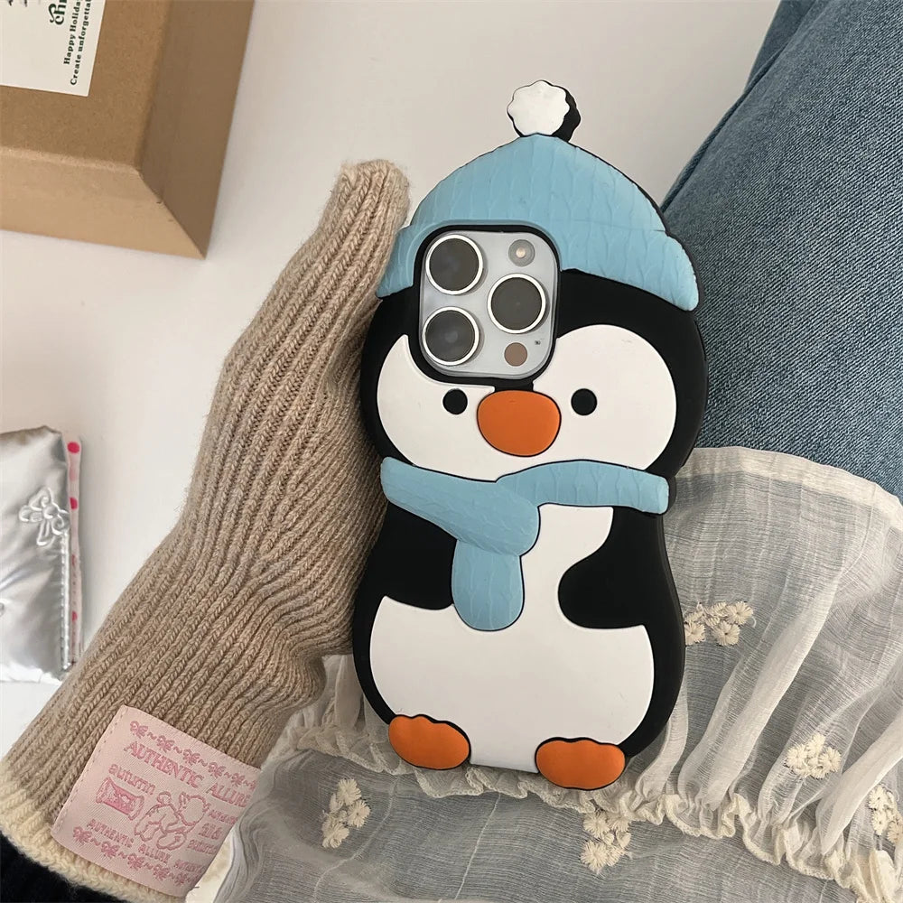 Cute Phone Cases For iPhone 16, 15, 14, 13, 11, 12 Pro Max - Funny 3d Plush Penguin and Puppy Silicone Cover - IC1021