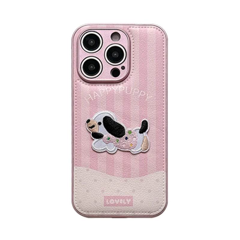 Cute Phone Cases For iPhone 16, 15, 13, 14 Pro Max - Pink Cartoon Dog Puppy - Soft Leather Cover - PC4421 - Touchy Style