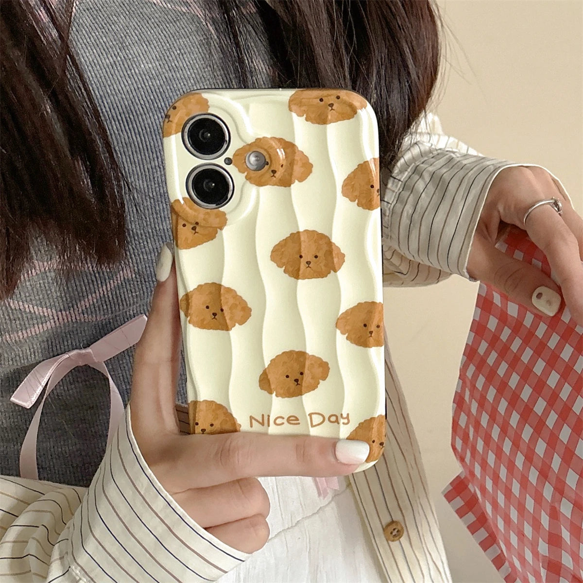 Cute Phone Cases For iPhone 16, 15, 14, 13, 12 Pro Max - Cartoon Teddy Dog - 3D Wavy Soft Cover - PC1520