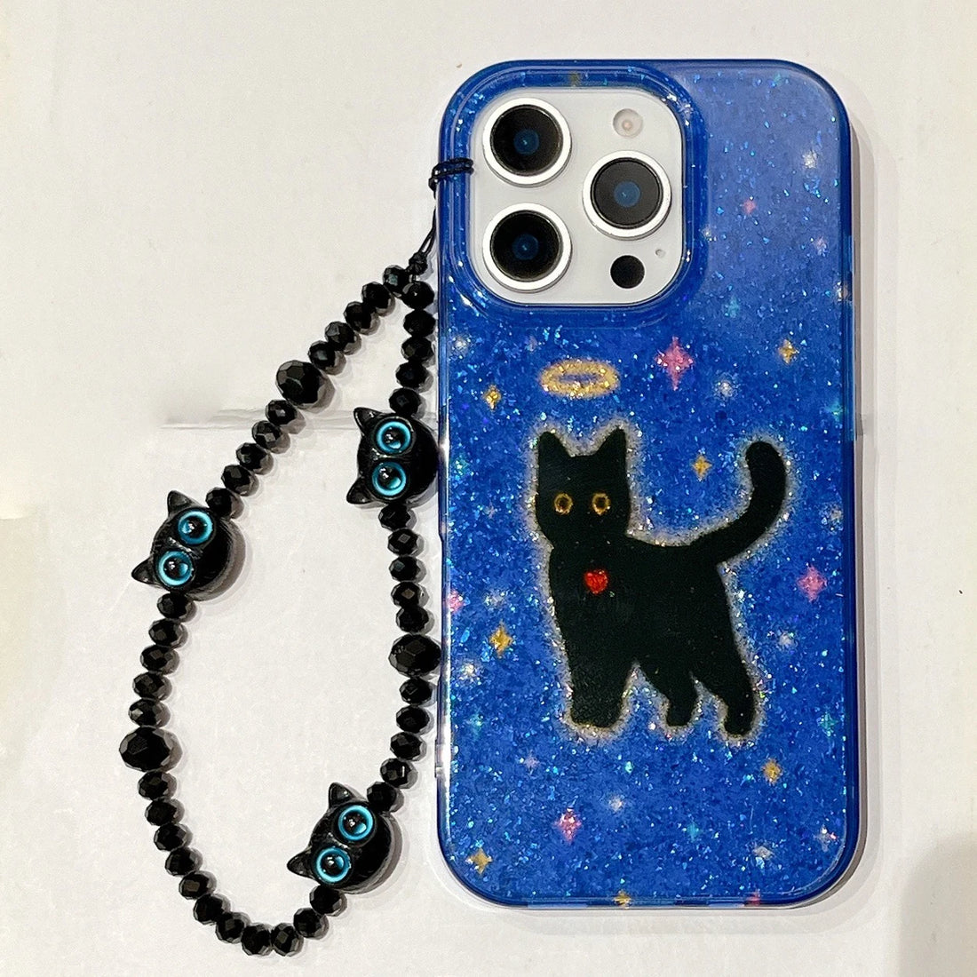 Cute Phone Cases For iPhone 16, 15, 14, 13 Pro Max - Glittering Blue Background Black Cat Pattern - Cover With Wrist Chain - PC6530 - Touchy Style