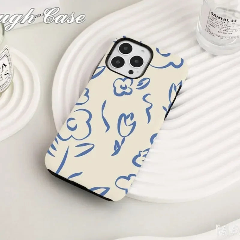 Cute Phone Cases For iPhone 16ProMax 15 14 13 12 11 PRO Plus - Water Color Blue Flower Pattern - Acrylic TPU Cover