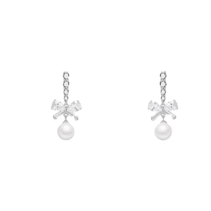 925 Sterling Silver Drop Earring Charm Jewelry - Classic Bowknot With Pearl - E9420