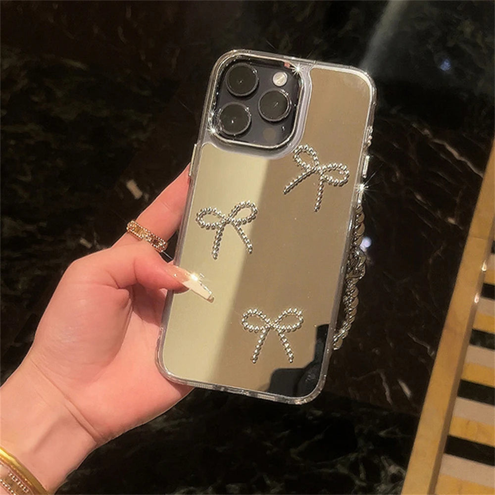 Cute Phone Cases For iPhone 11, 12, 13, 14, and 15 Pro Max - Mirror Bow Plating with Wristchain - TSP368