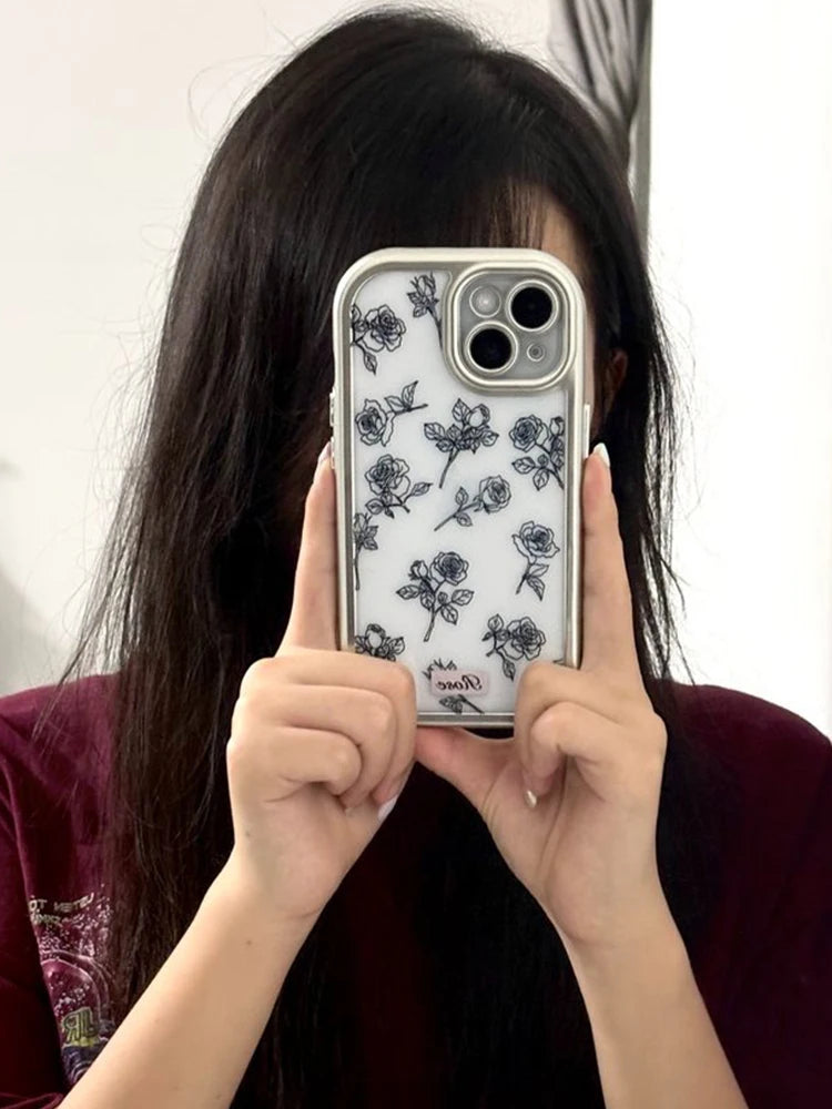 Cute Phone Cases: 3D Black Rose Flowers Silver Bumper Clear Back Cover for iPhone 11-15 Pro Max - TSP312