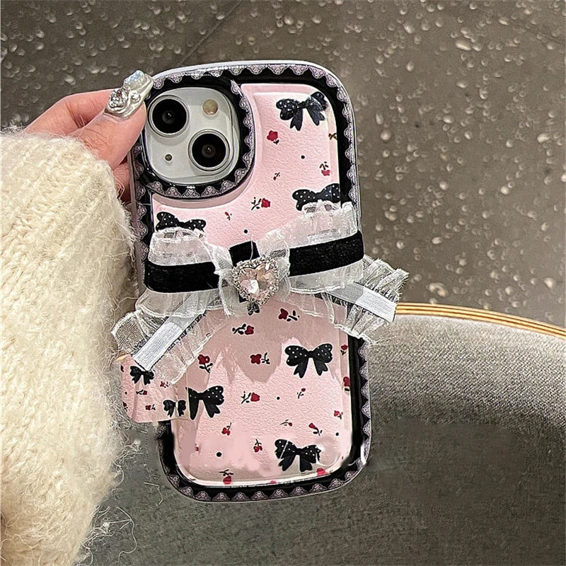 Cute Phone Cases for iPhone 15, 14, 13, 12, and 11 Pro - 3D Bowknot, Leather Cover- TSP456