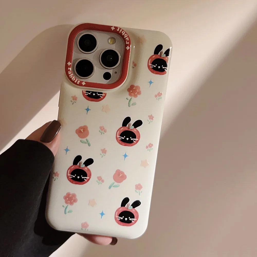 Cute Phone Cases For iPhone 16, 15, 14, 13, 12, 11 Pro Max, Xr, 16 Plus - Funny Tomato Black Rabbit Flowers Cover - IC6040