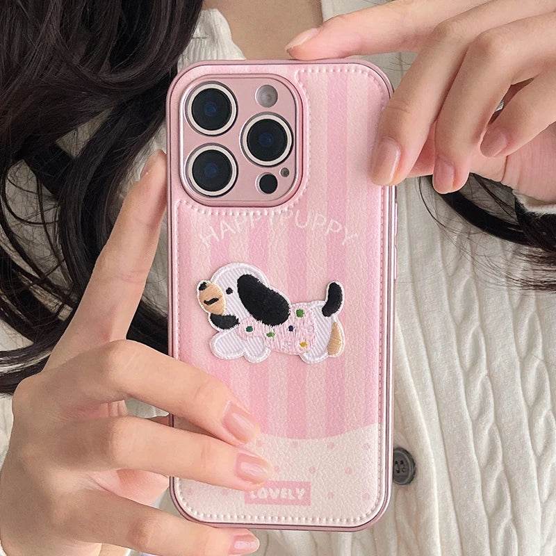 Cute Phone Cases For iPhone 16, 15, 13, 14 Pro Max - Pink Cartoon Dog Puppy - Soft Leather Cover - PC4421 - Touchy Style