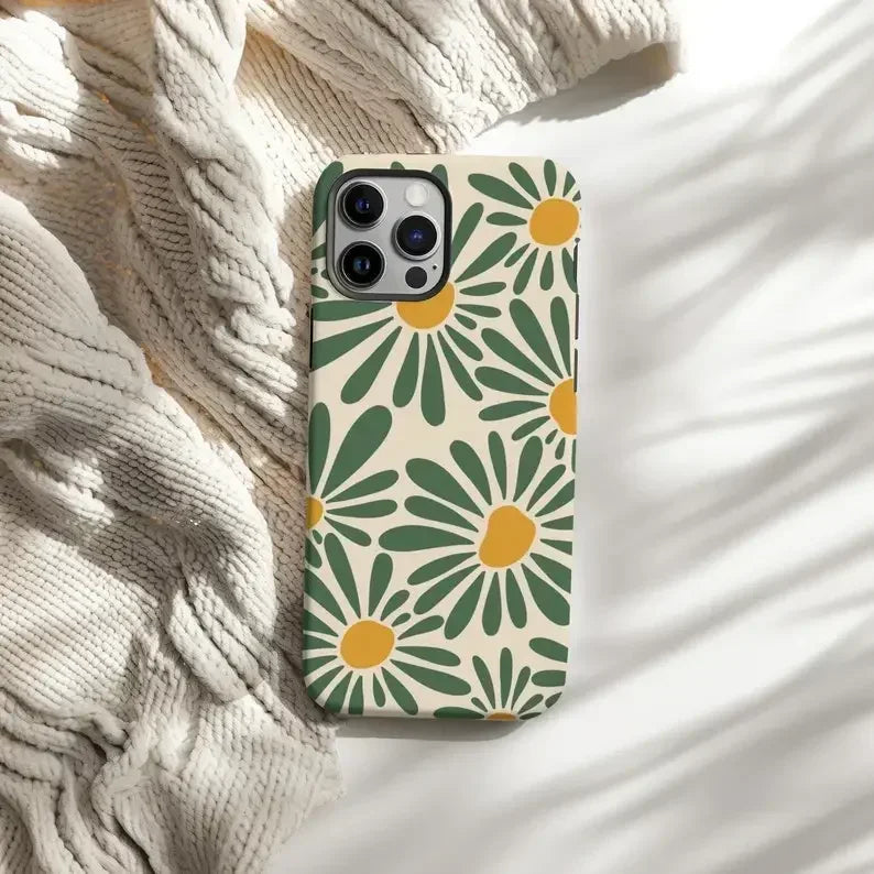 Cute Phone Cases For iPhone 16ProMax, 15, 14, 13, 12, 11 PRO, 11 Plus - Green Retro Daisy Floral - Acrylic TPU Cover - Touchy Style