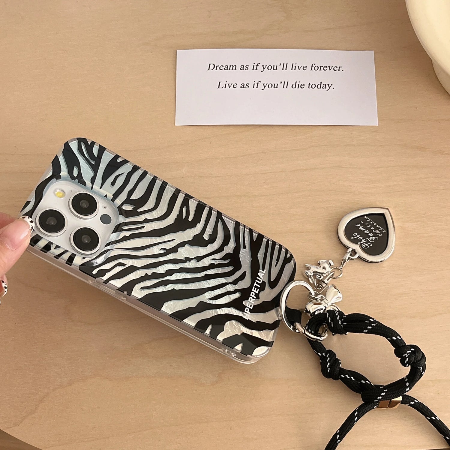 Cute Phone Cases iPhone 16, 15, 14, 13 Pro Max - Double Layers Zebra Pattern - Black Heart Wrist Chain - PC1420