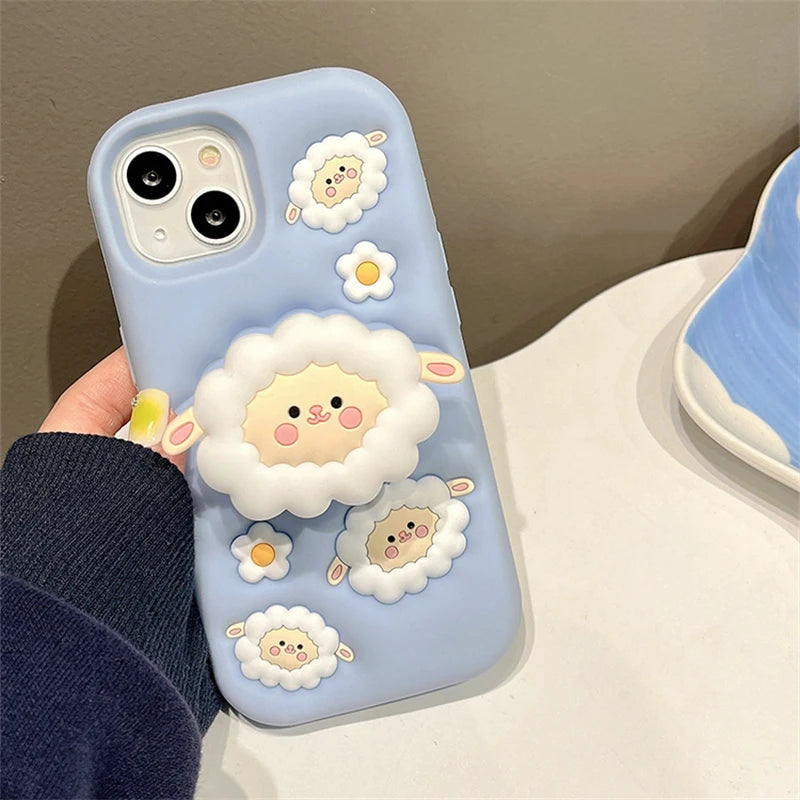 Cute Phone Cases For iPhone 15, 13, 14, 12 Pro Max, 11, and 14 Pro Max - White Sheep - Folding Stand Holder  - TSP253