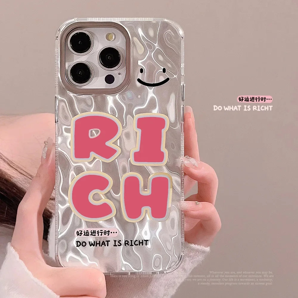 Cute phone Cases For iPhone 15, 14, 13, 12 Pro Max, 15 14 Plus - Pink Good Luck Rich Letters, Water Ripple Art Cover - IC7011