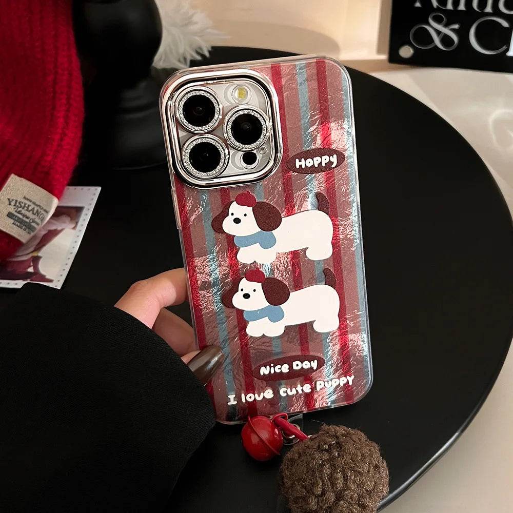 Cute Phone Cases For iPhone 16, 15, 14, 13, 12, 11 Pro Max, 16 Plus - Cartoon Puppy - Stripes Art - Bell Plush Ball Pendant - CC1240