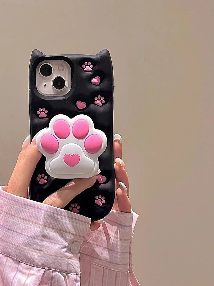 Cute Phone Cases: 3D Cat Paw Silicone Case with Stand for iPhone 15/14/13/12 Pro Max - TSP310