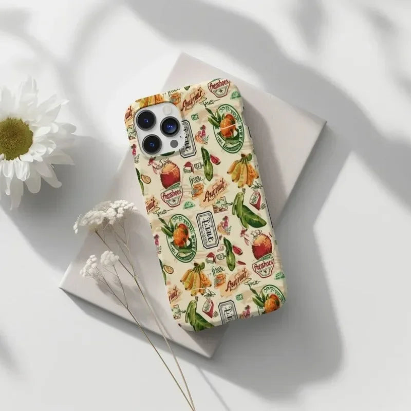 Cute Phone Cases For iPhone 16ProMax, 15, 14, 13, 12, 11 PRO, 11 Plus - Fruit Stamp Collage - Acrylic TPU Cover - IC6150 - Touchy Style