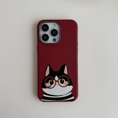 Cute Phone Cases For iPhone 16, 15, 14, 13 Pro Max - Cartoon Cat &amp; Dog Leather Texture Cover - Metal Lens Frame - PC1530