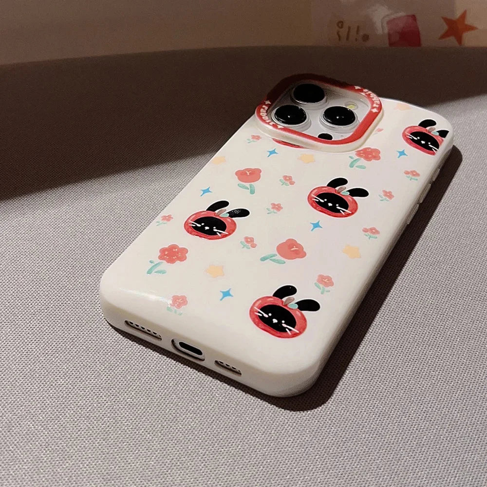 Cute Phone Cases For iPhone 16, 15, 14, 13, 12, 11 Pro Max, Xr, 16 Plus - Funny Tomato Black Rabbit Flowers Cover - IC6040