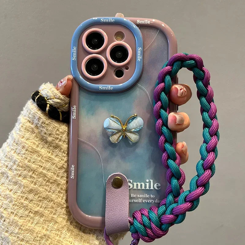 Cute Phone Cases For iPhone 16, 15, 14, 13, 12, and 11 Pro Max with Wrist Chain -3D Bow Butterfly Pattern - Ink and Wash Smudge Cover - TSP493